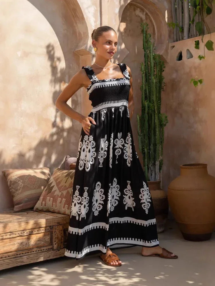 2025 Summer Fashion New Women's Bohemian Style Dress Beach Vacation Printed Strap Fold A-line Length Dress