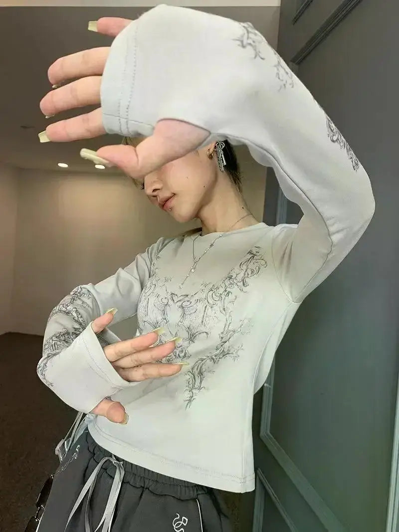 Vintage Women Clothes Y2K T-shirts 2023 Blusas O-neck Long Sleeve Print Tunic Woman Clothing Fashion Casual Crop Tops Shirts