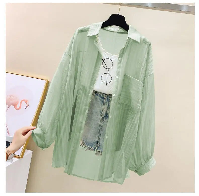 Summer sunscreen chiffon blouse Korean Harajuku style loose casual women's cardigan elegantly perforated top sheer fashionable
