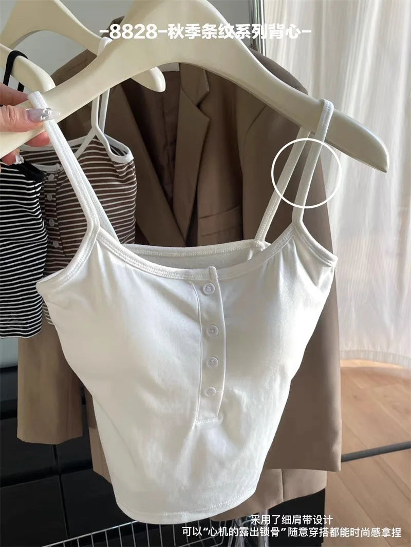 White Stripe Small Cami Women Autumn Gyaru Sexy Button Slim fit Short With Chest Pad Top NS5861