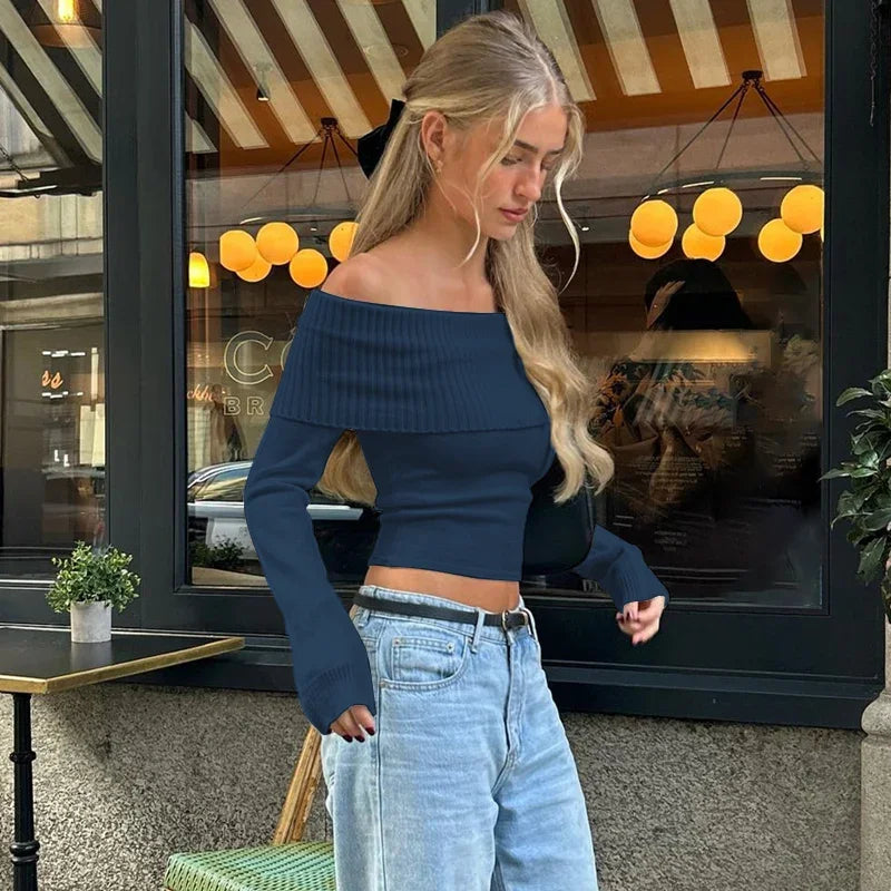 WhereMery Elegant Off Shoulder Ribbed Crop Tops Summer Fashion Casual Solid Skinny Long Sleeve Women's Gentle Y2K Tight T-shirts
