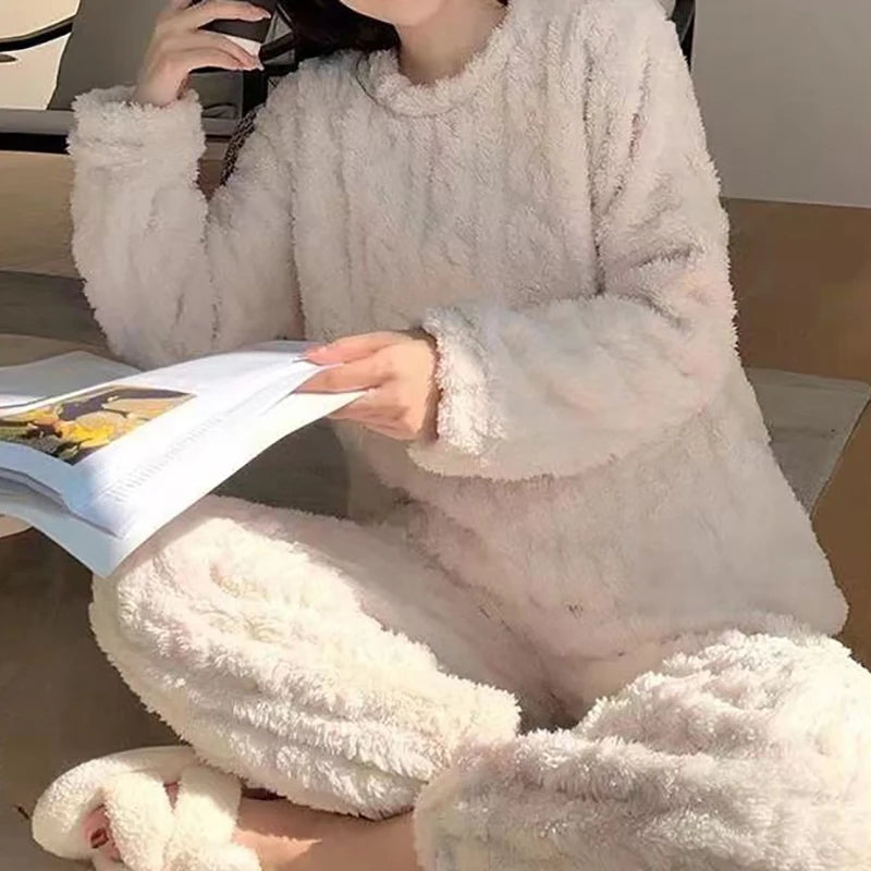 Autumn Women Solid Warm 1/2 Piece Sets Thicken Velvet Ribbed Fleece Set Pullover And Pants Women Casual Pajama Sets 2025