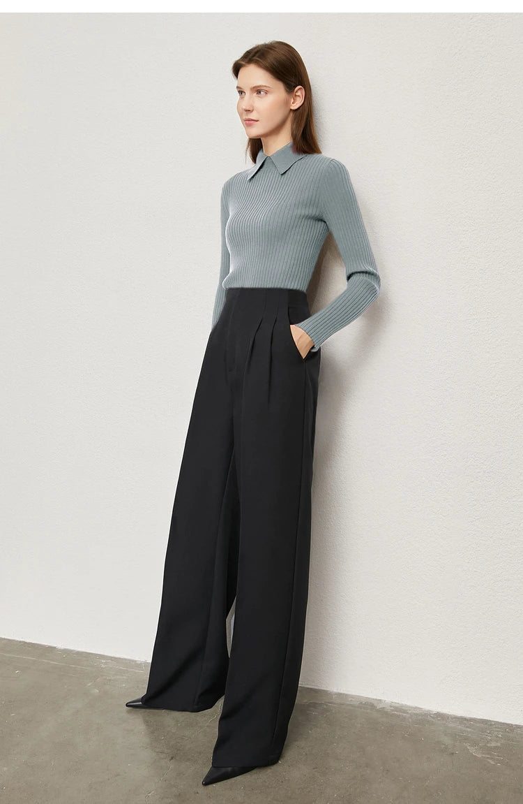 Amii Minimalism 2024 Sweater for Women Autumn New Office Lady Basic Lapel Striped Slim Knitted Tops Solid Trendy Blouse 12444058