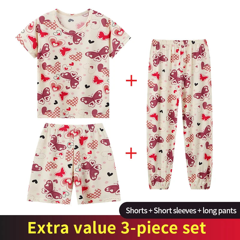 3 Piece Children's Summer Short-sleeved Pants And Shorts Three-piece Boy And Girl Comfortable Thin Air-conditioned Pajamas Set