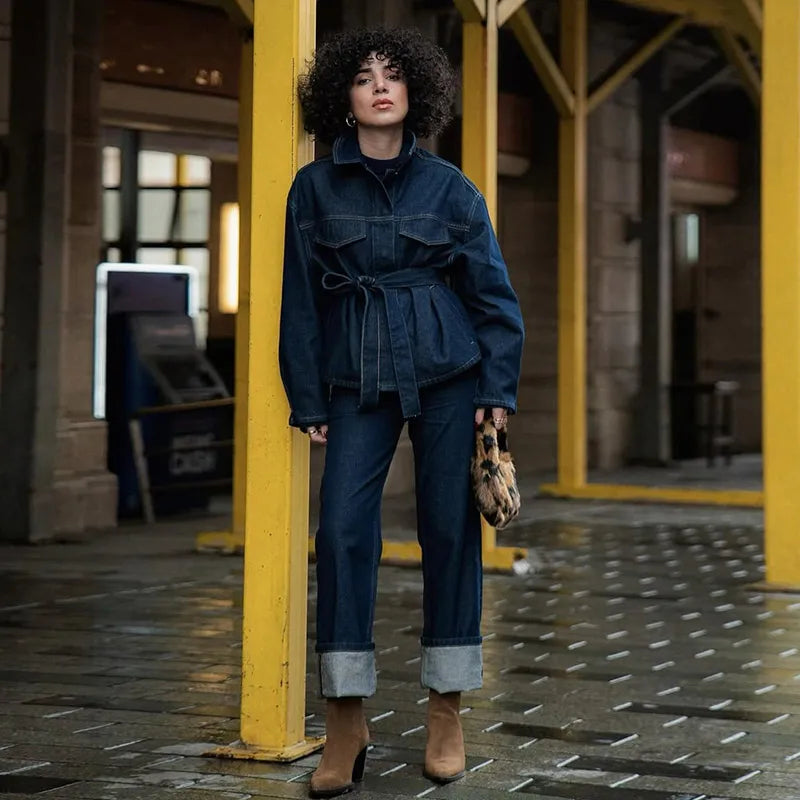 Women Two Pieces Set Denim Pant Sets Single Breasted Long Sleeve Belt Coat Wide Leg Trousers Jeans Female 2 Pieces Outfits