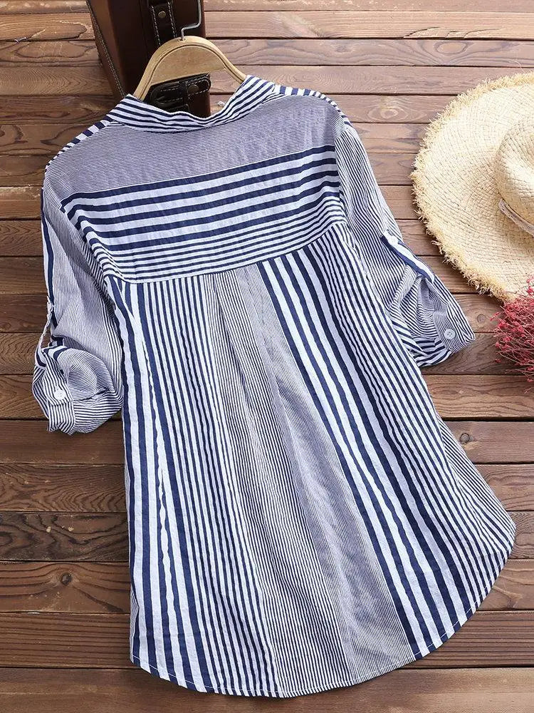 Women's Spring Fall Cotton Linen Long Sleeves Roll Up Striped Casual V Neck Button Down Shirts Blouses Collar Tunic Tops