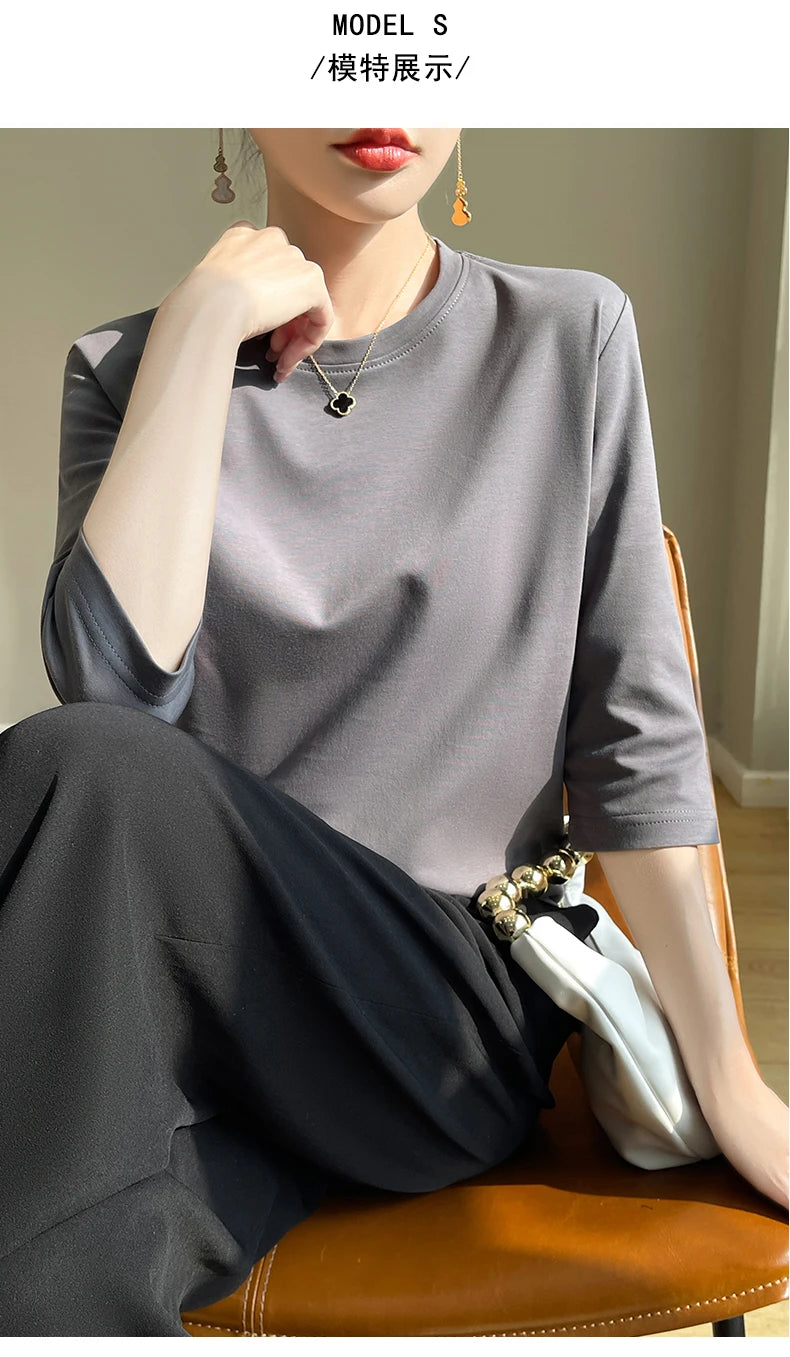 Spring And Summer New White Mercerized Cotton Short Sleeve T-Shirt Feminine Joker Cotton Cropped Sleeve Bottoming Shirt
