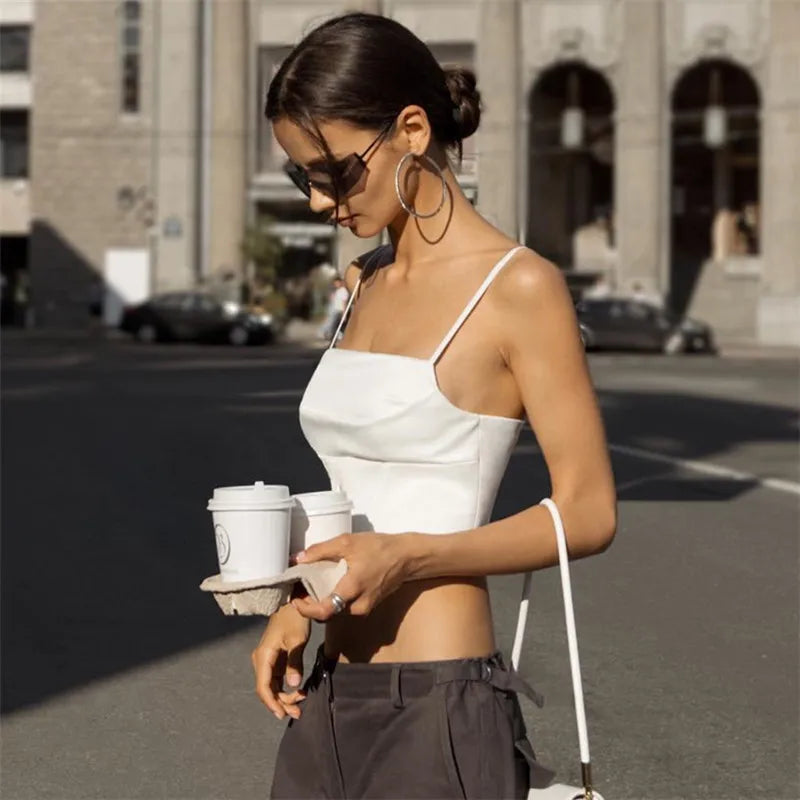 Spaghetti Strap Tank Top Sexy Backless Bandage Skinny Crop Tops 2023 Summer Elegant Lace Up Party Streetwear Women Camis