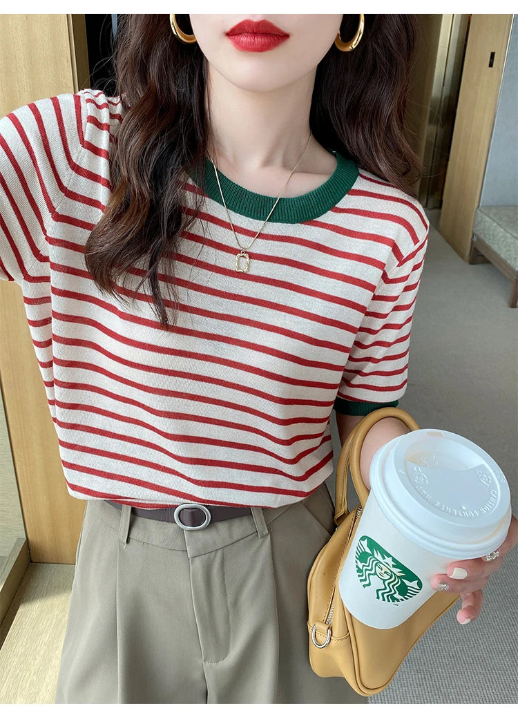 2025 Stripe Tops Women Knitted Round Collar Summer Print Short Sleeve Casual Simple Wild T-Shirt