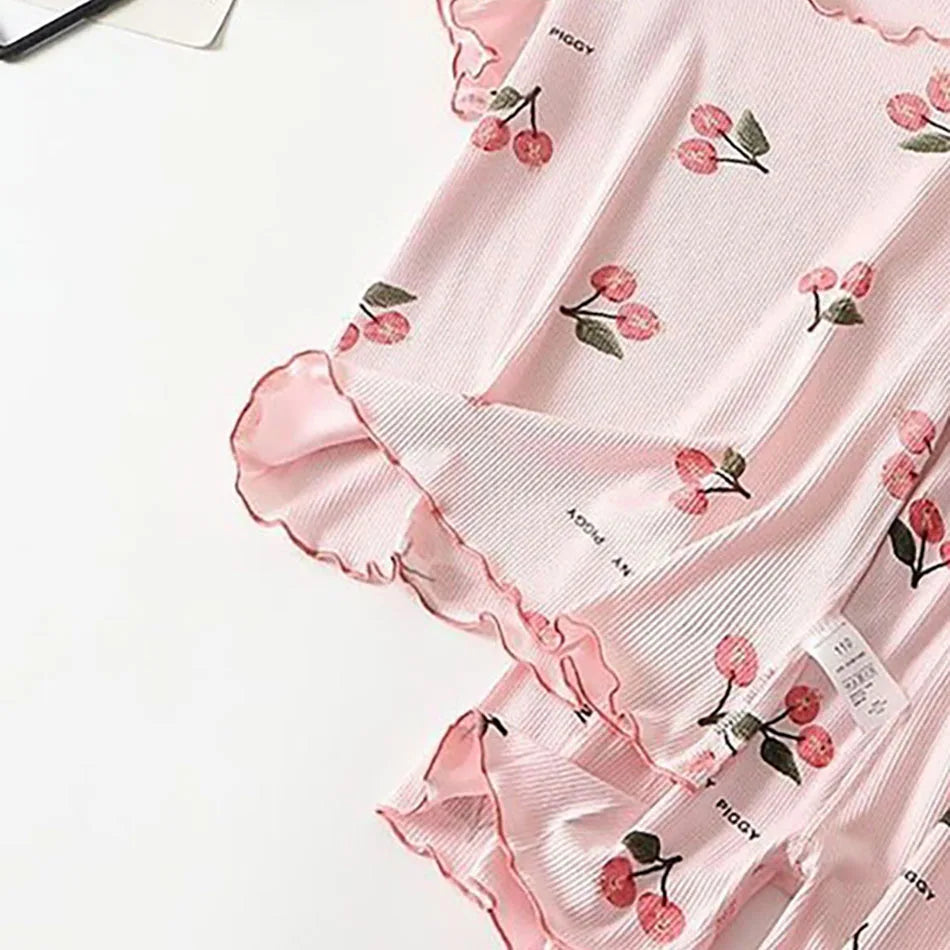 Girls Summer Pajama Set Cherry Blossom Print 4-Way Stretch Shorts & Tee Breathable Modal Blend for Bedtime and Playtime for 1-8Y