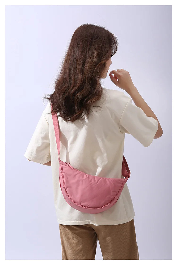 Solid Color Women's Portable Shoulder Bag Simple Female Nylon Cloth Padded Crossbody Bags Travel Purse Handbags Messenger Bag