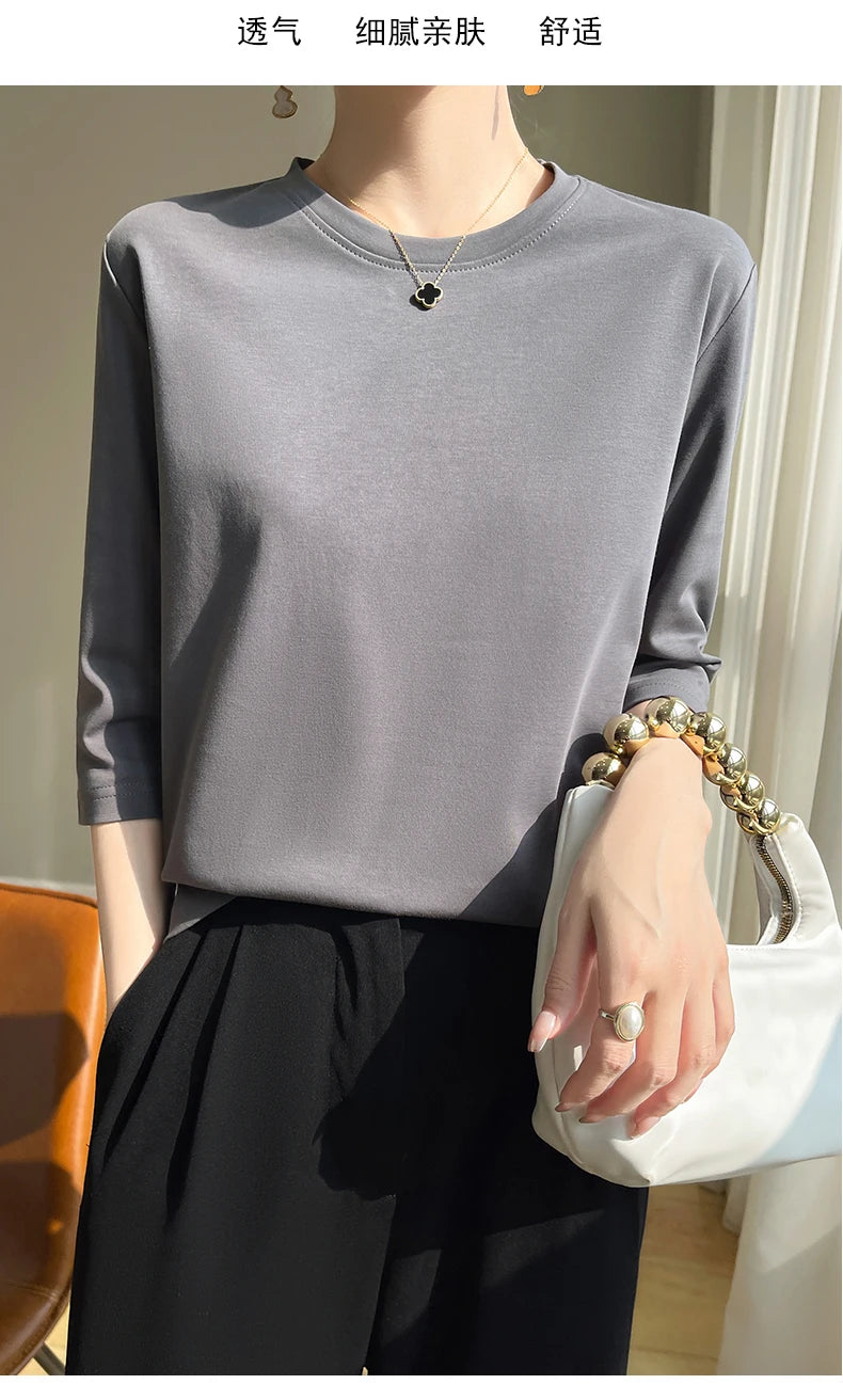 Spring And Summer New White Mercerized Cotton Short Sleeve T-Shirt Feminine Joker Cotton Cropped Sleeve Bottoming Shirt