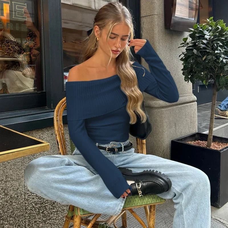 WhereMery Elegant Off Shoulder Ribbed Crop Tops Summer Fashion Casual Solid Skinny Long Sleeve Women's Gentle Y2K Tight T-shirts