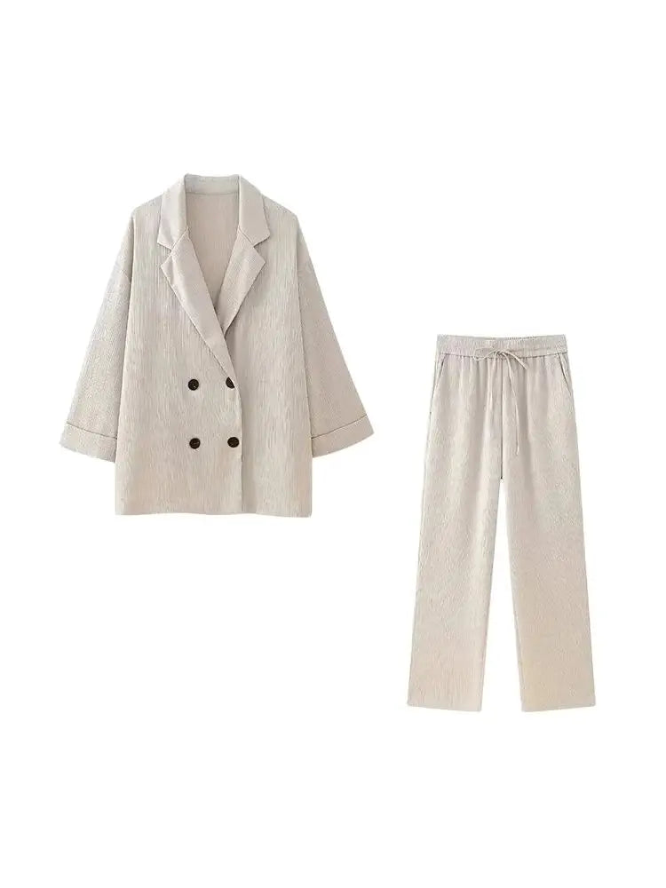 TRZA-Women's Double-Breasted Loose Blazer Coat and High Elastic Waist Wide Leg Pants, Female Two Piece Sets, Fashion