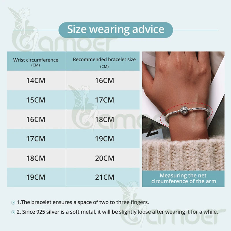 BAMOER Genuine 925 Sterling Silver Charm Glossy Bracelet Heart/Shell Clasp Basic Bangle Star Spacer Beads for Women DIY Jewelry