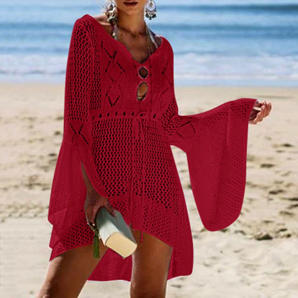 Sexy Women’s Bathing Suit Beach Cover Up Hollow Out Knitted Women Flared Sleeves Solid Color Beach Dress saida de praia