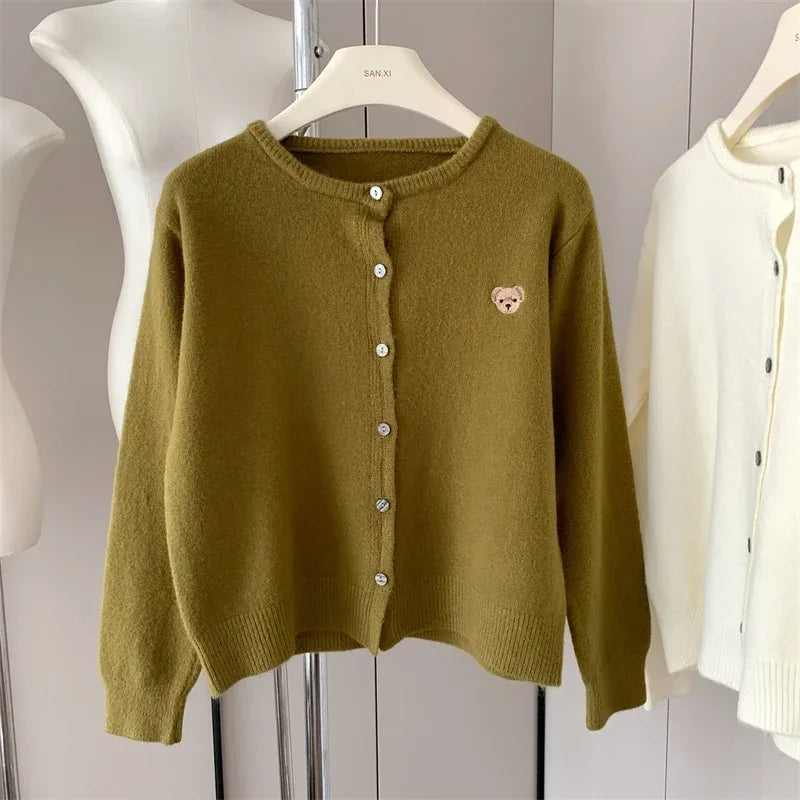 Yaminiya Autumn 2024 O-Neck Knit Sweater Sweet Cartoon Embroidery Casual Tops Japanese Fashion Single Breasted Cardigan Harajuku