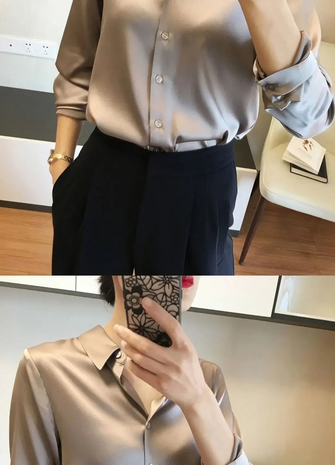 Silk Brown Clothes Wear To Work Office Outfits Long Sleeve Purple Spring Formal Tops for Women Satin Womens Shirt & Blouse Cool