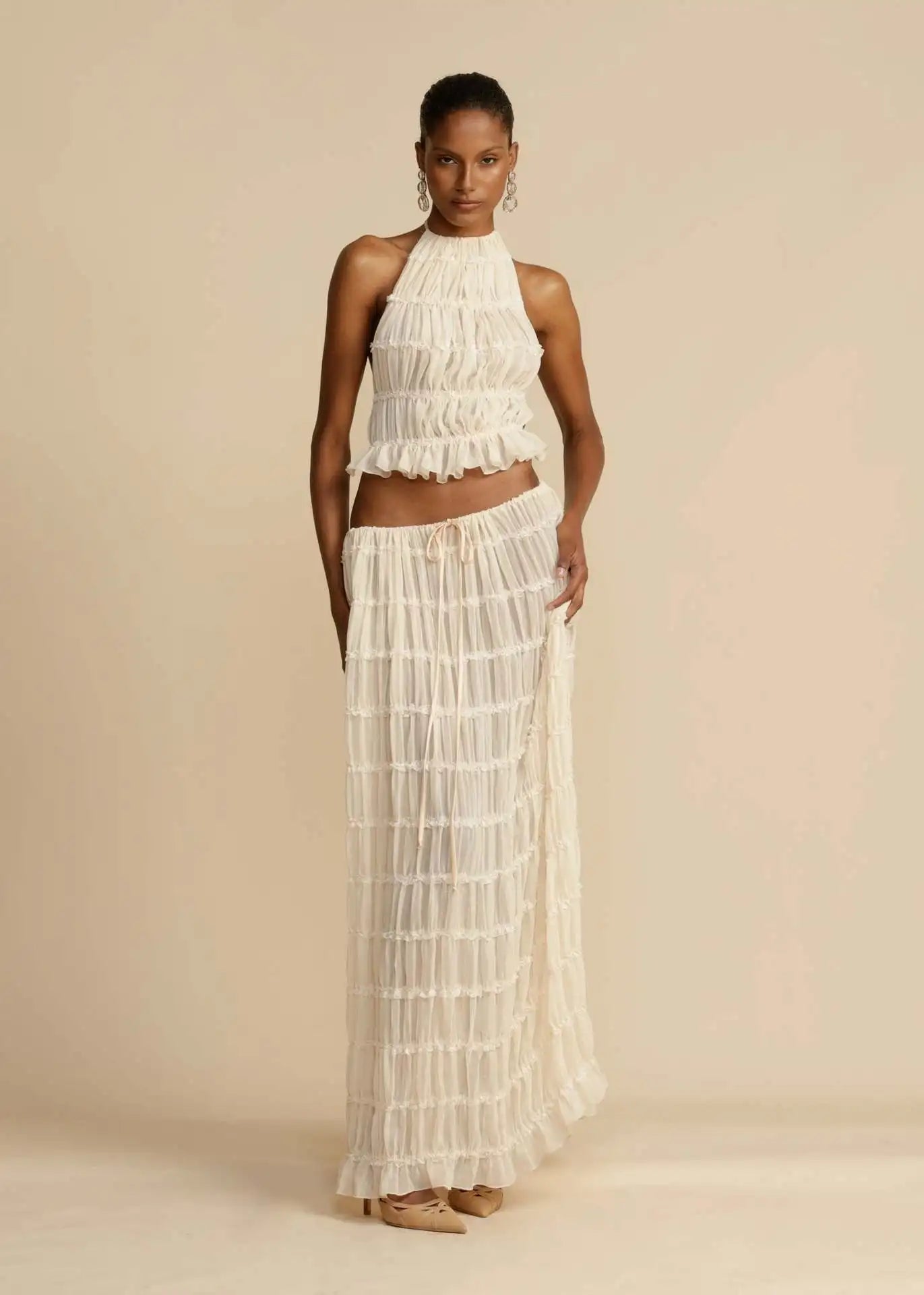Fashion Halter Neck Long Skirt Suit Women Backless Sling Top Lace Up Fold Maxi Skirts 2024 New Summer Female 2 Piece Set Outfits