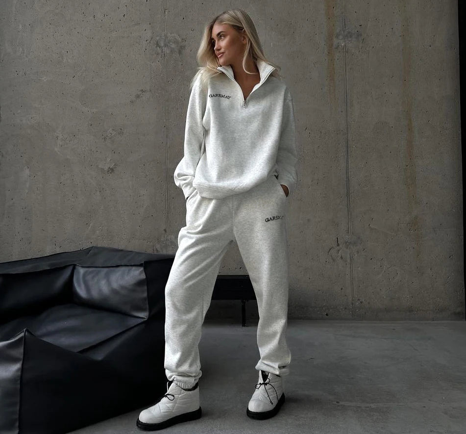 Autumn Women's Tracksuit with Zipper Cotton Oversize White Casual Two Piece Set Women Classic Sports Trouser Suits for Women
