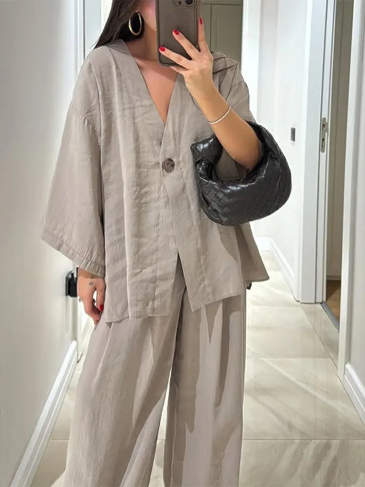 Women Classic Solid Wide Leg Pants Suits Summer Fashion V-neck One Button Loose Blouse Sets Casual Female Daily Streetwear 2025