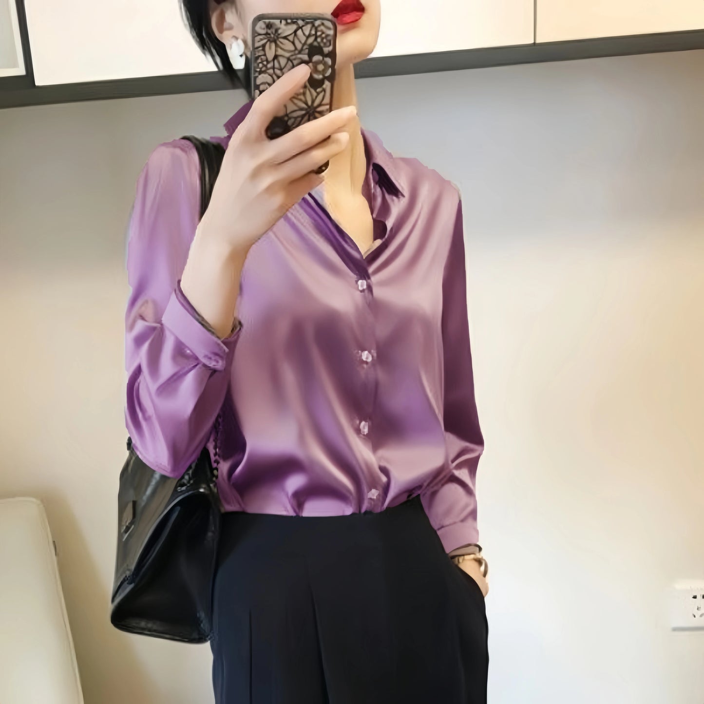 French Elegant Women Satin Glossy Shirt Summer Solid Loose Long Sleeve Blouses Office Lady's All-Match Shirt Vintage Casual Top