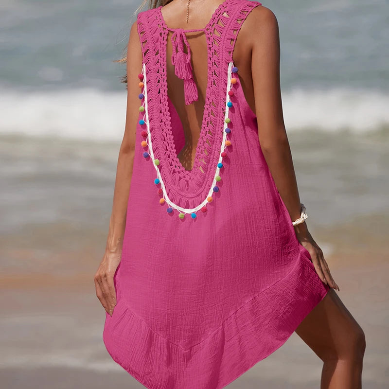 Women V-Neck Backless Hollow Out Short Dress Crochet Splicing Wooden Ear Dress With Colored Balls Beach Swimsuit Cover Up