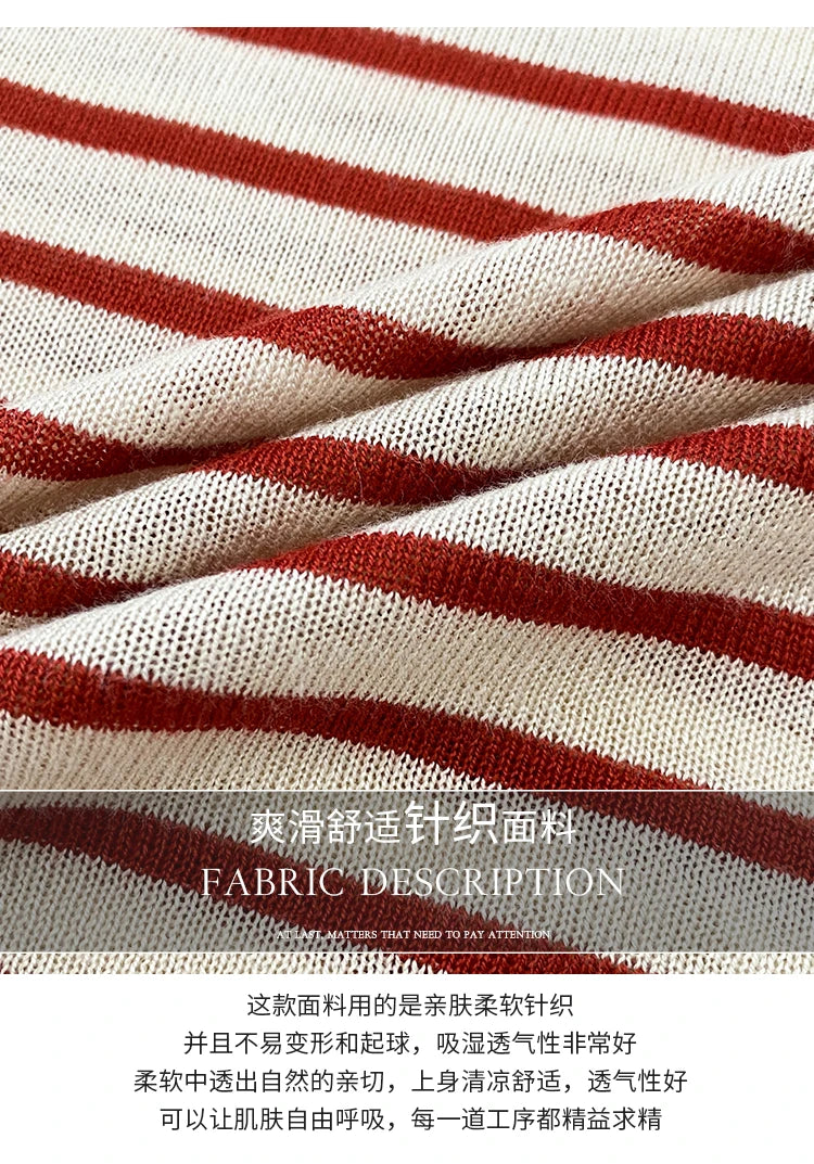 2025 Stripe Tops Women Knitted Round Collar Summer Print Short Sleeve Casual Simple Wild T-Shirt