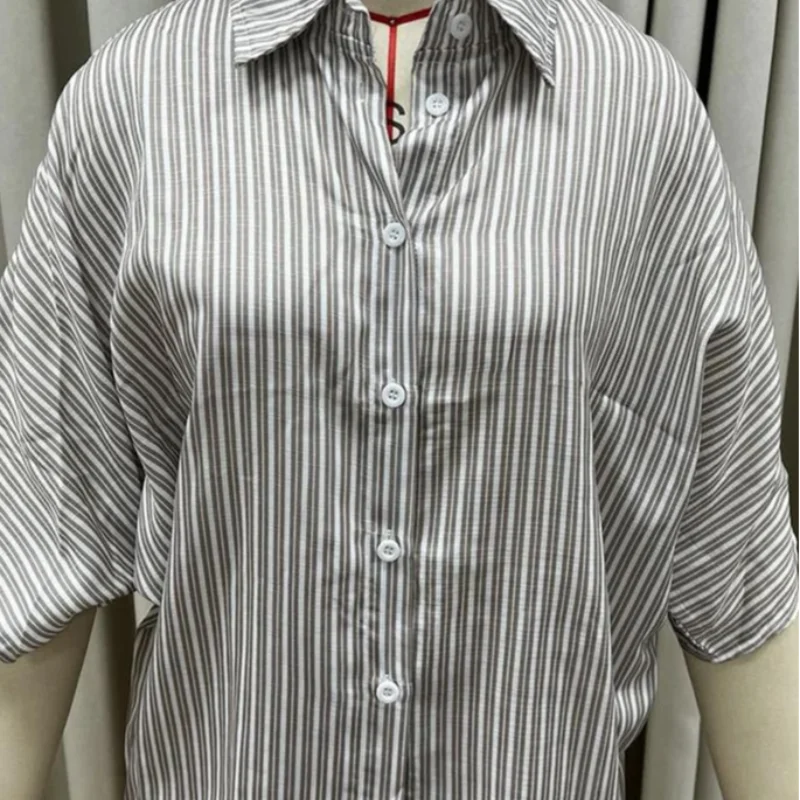 Women Elegant Stripes Cotton Linen Loose Shirt Shorts Suits Fashion Lapel Half Sleeves Elastic Waisted Shorts Summer Lady Outfit