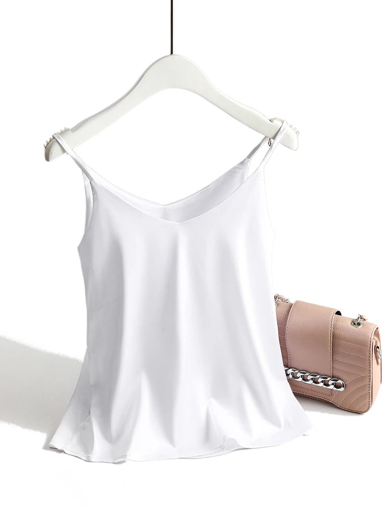 AOSSVIAO 2025 Spaghetti Strap Top Women Halter V Neck Basic White Cami Sleeveless Satin Silk Tank Tops Women'S Summer Camisole
