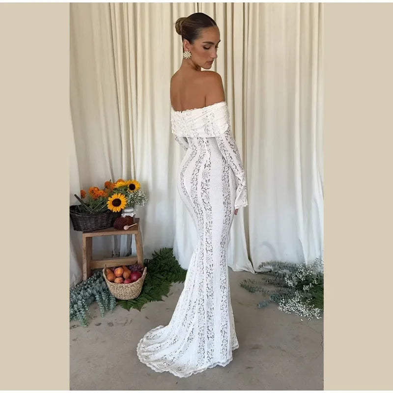 Elegant Cut Out Flared Long Sleeve Maxi Dress Women's Lace Up Hollow Out Off Shoulder Bodycon Vestidos 2025 Lady Outwear Vestido