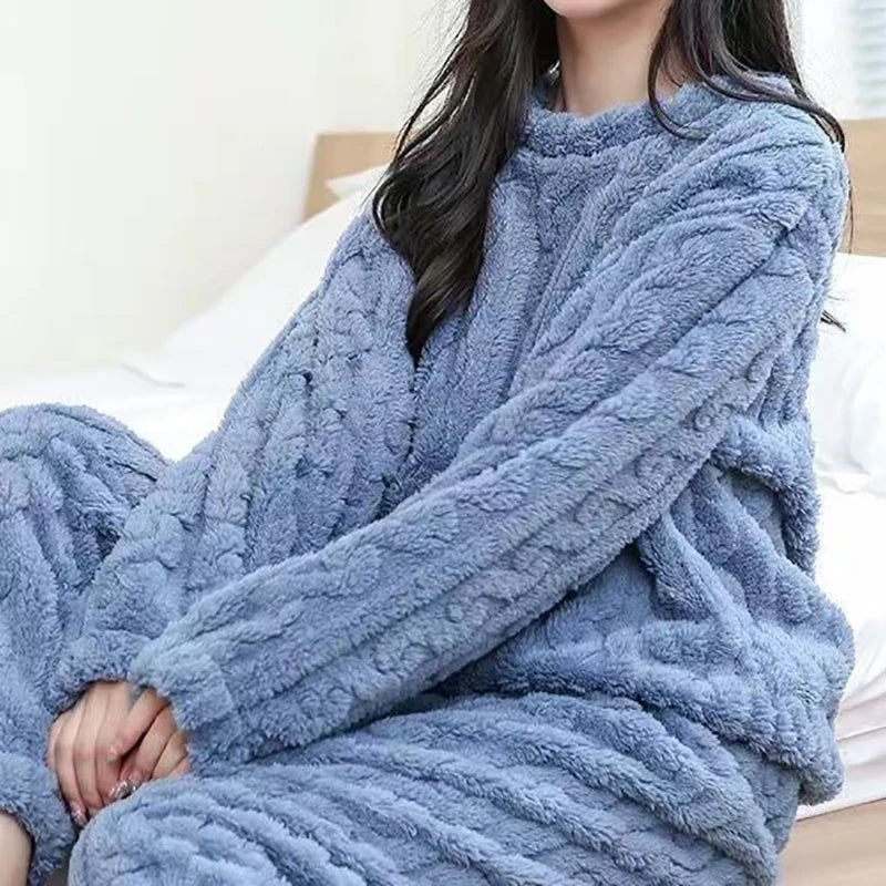 Autumn Women Solid Warm 1/2 Piece Sets Thicken Velvet Ribbed Fleece Set Pullover And Pants Women Casual Pajama Sets 2025
