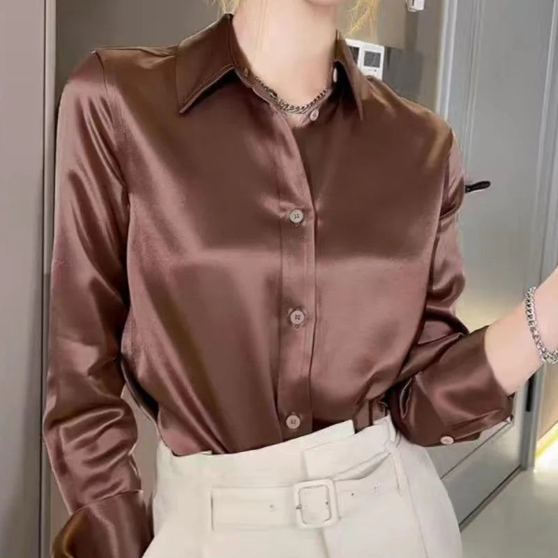 Solid Color Elegant Office Lady's Satin Shirt All-Match Trendy Women Shirts And Blouses Basic Chic Top Autumn French Chic Shirt