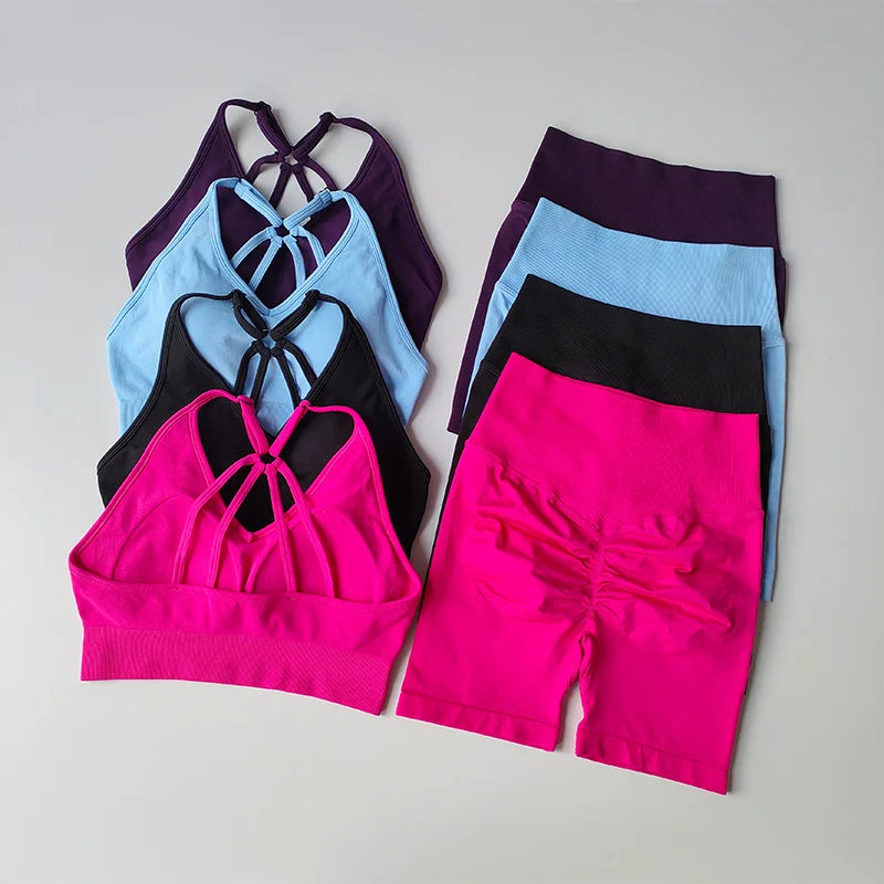 2 Pcs Yoga Sets Women High Waist Workout Outfits Gym Wear Gym Clothing Sports Suits Fitness Tracksuit Sportswear Shorts Suit