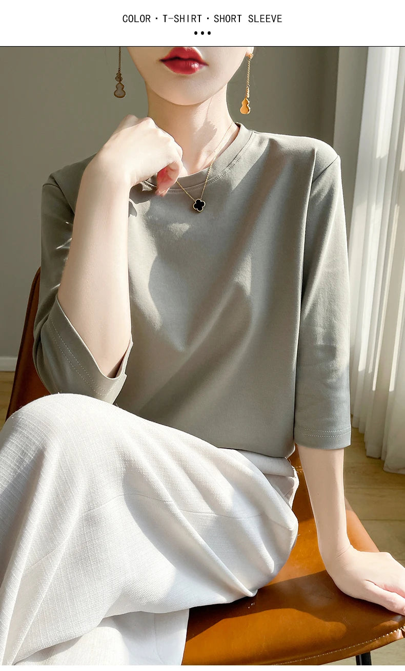 Spring And Summer New White Mercerized Cotton Short Sleeve T-Shirt Feminine Joker Cotton Cropped Sleeve Bottoming Shirt