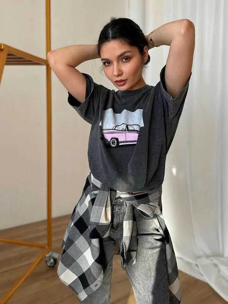 Cotton Washed T-shirt for Women New Attitude Fashion Leopard Prints Tops Loose O-Neck Oversized Short Sleeve Y2k Female Clothes