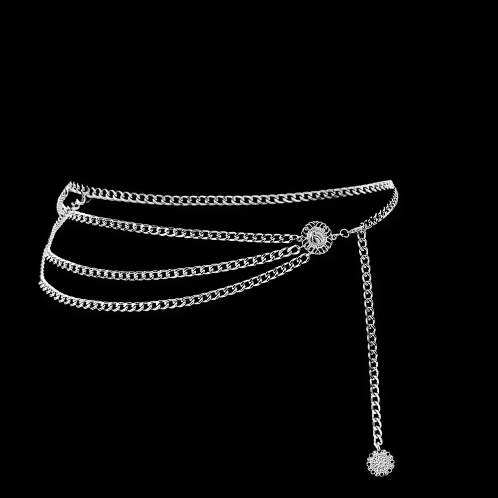 Women Fashion Belt Hip High Waist Gold Silver Narrow Metal Chain Chunky Fringes Crystal Diamond Waist Chain Corset Chain Belt