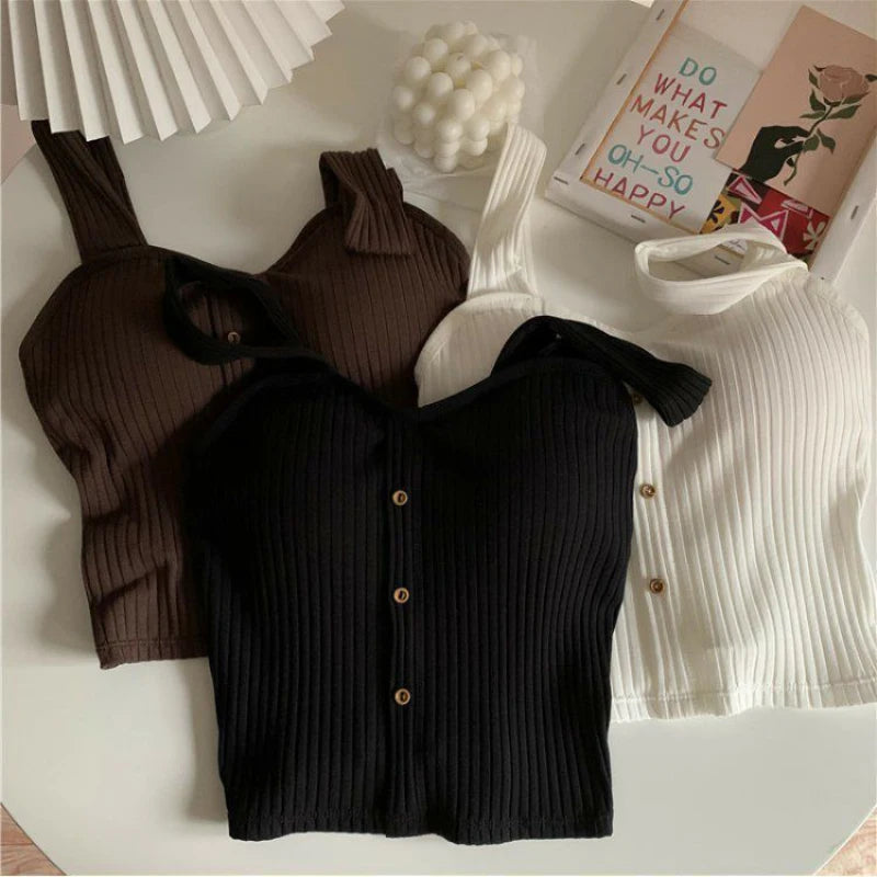 Women's Y2K Cropped Tops with Bra Pads Summer Corset Korean Suspenders Vest Sexy Camisole Slim New