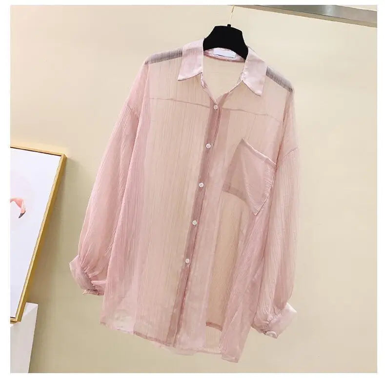Summer sunscreen chiffon blouse Korean Harajuku style loose casual women's cardigan elegantly perforated top sheer fashionable