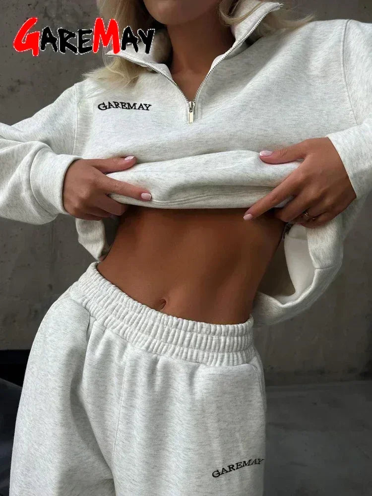 Autumn Women's Tracksuit with Zipper Cotton Oversize White Casual Two Piece Set Women Classic Sports Trouser Suits for Women