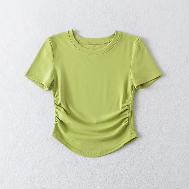 2024 Harajuku Women Crew Neck Short Sleeve Cotton Tee With Ruched Sides Detail T-shirts