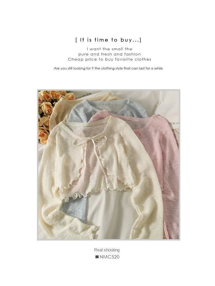 Women Frenum Cardigan Blouses and Tops Bow Lace Up Long Sleeve Crop Top Female Elegant Shirt Thin Aesthetic Clothes Korean Style