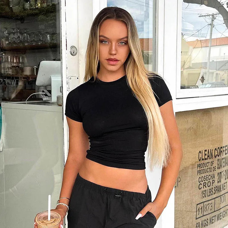 2025 Spring New Short Sleeve T-Shirt Women Solid Simple Casual Soft All-Match Hot Basic Crop Tops Tees Summer Fashion
