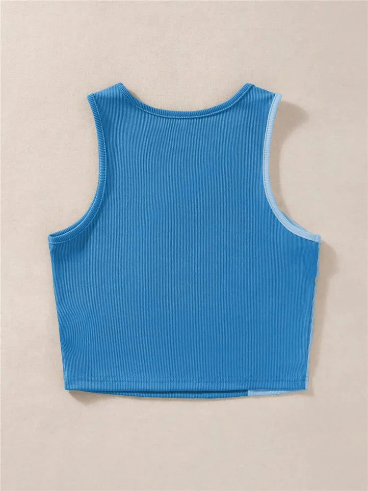 High Street Style Patchwork Rib Knit Sleeveless Crop Top Women Summer Y2K Clothes Korean Fashion Tank Top Tee Streetwear 2023