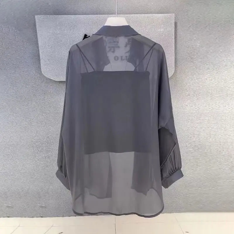 Sheer Chiffon Shirt Women's Casual UV Resistant Cardigan Summer Thin Commuting Coat Japanese Fashion Mesh Sunscreen Clothing Y2k
