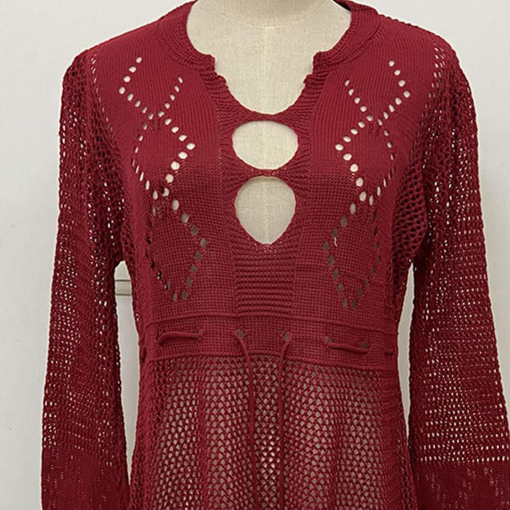Sexy Women’s Bathing Suit Beach Cover Up Hollow Out Knitted Women Flared Sleeves Solid Color Beach Dress saida de praia