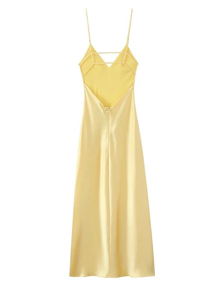 Yellow Elegant Stain Women's Sling Dress Sexy Backless Sleeveless V Neck High Waist Evening Gown Summer Chic Lady Partywear 2025