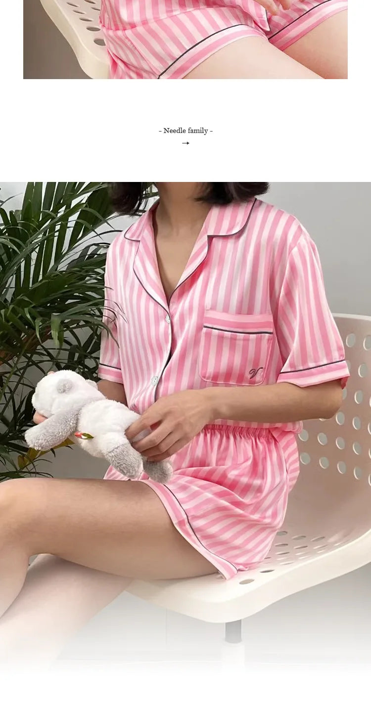 Large Size Women Pajamas Set Short-Sleeved Student Homewear Two-Piece Cardigan Lapel Senior Sense of Striped Short-Sleeved Short