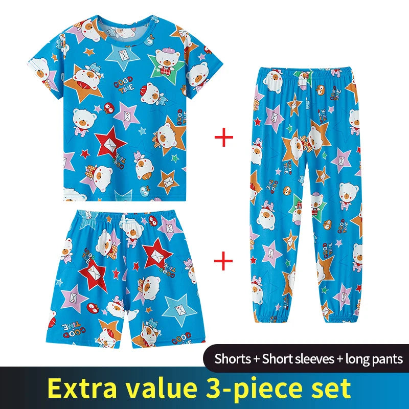 3 Piece Children's Summer Short-sleeved Pants And Shorts Three-piece Boy And Girl Comfortable Thin Air-conditioned Pajamas Set