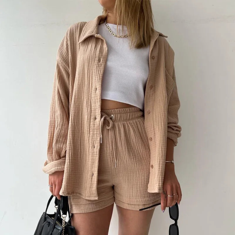 Solid Color Casual Loose Short Pants Sets For Women 2025 Elegant Summer Women's Two Pieces Suit Full Set Female Outfit Clothes